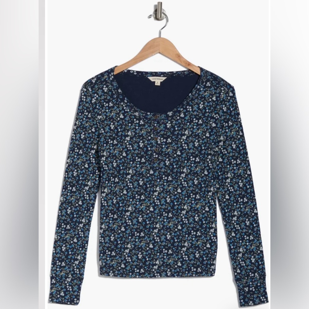 Lucky Brand Floral Print Cotton Button Henley Top